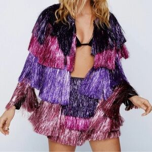 Nasty Gal Metallic Layered Fringe Cover-Up in Purple and Pink